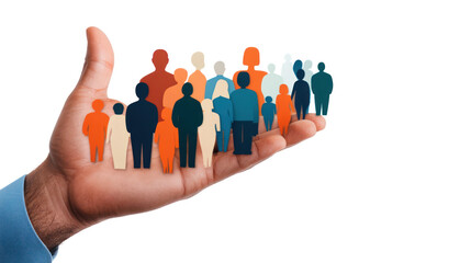 Hand Holding Diverse Community: A hand cradles a diverse community of people, symbolizing unity, support, and a shared future. This image captures the essence of inclusion, empowerment.