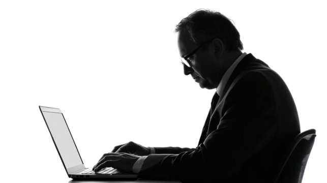 Silhouette of Focus: A businessman diligently works on his laptop, his silhouette a powerful symbol of dedication and concentration. The image embodies focus, perseverance, and the pursuit of success.