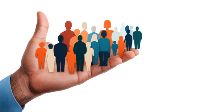 Hand Holding Diverse Community: A hand cradles a diverse community of people, symbolizing unity, support, and a shared future. This image captures the essence of inclusion, empowerment.