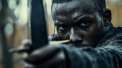 Close-up of a determined archer aiming his bow and arrow, sweat dripping from his face.