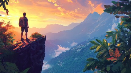 Fototapeta premium Traveler Standing on Cliff Gazing at Majestic Mountain Landscape