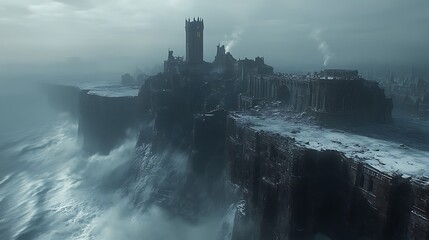 Ruined coastal castle on cliff, stormy sea.