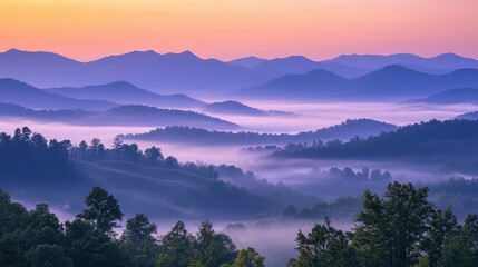 Fototapeta premium Serene misty hills at sunrise, with layers of mountains in the distance