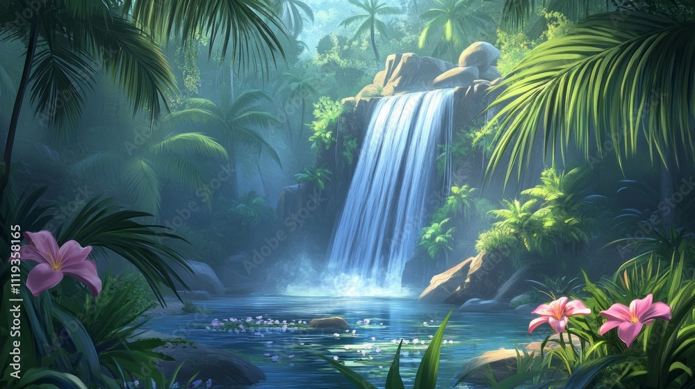 Aufkleber sunlight filters through thick tropical foliage, illuminating a serene waterfall cascading into a cr