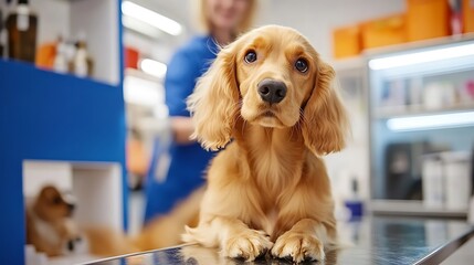 Adorable golden cocker spaniel puppy resting on a grooming table in a pet salon while a professional groomer attends to another dog in the background