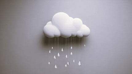 3D rendering of a white cloud with rain drops against a light blue background.