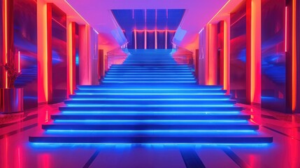 Obraz premium A grand staircase with alternating neon blue and red lights on each step