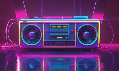 Retro neon boombox against a vibrant gradient background. a throwback to 80s music culture Perfect for themes of retro music Nostalgia And party vibes, Generative Ai
