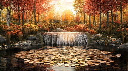 Fototapeta premium Tranquil Autumn Scene with Waterfall and Floating Coins in Nature