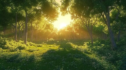 Obraz premium Golden Sunlight Filtering Through a Lush Forest