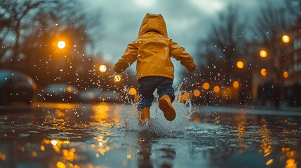 Child in yellow raincoat splashing in a puddle at dusk.