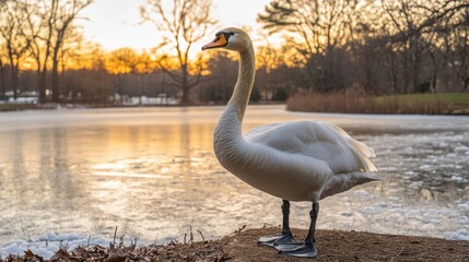 Graceful Swan Standing by the Serene Frozen Lake at Sunset