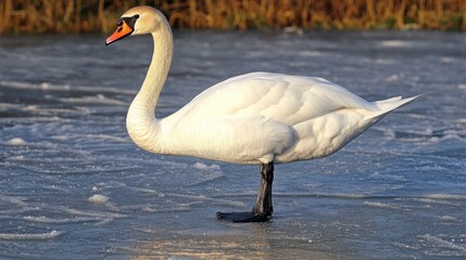 Obraz premium Elegant White Swan Standing on Icy Surface in Natural Habitat