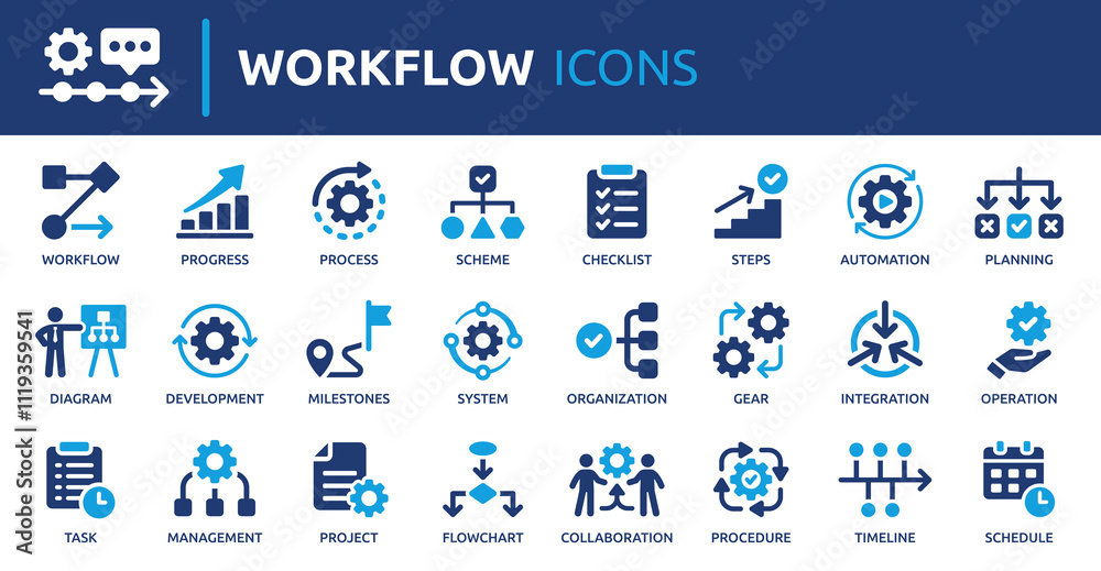 Aufkleber Workflow icon set. Containing process, planning, progress, scheme, management, diagram, flowchart and more. Solid vector icons collection.