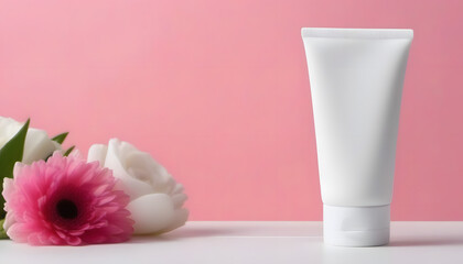 White cosmetic tube next to fresh flowers on pink background
