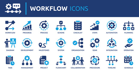 Workflow icon set. Containing process, planning, progress, scheme, management, diagram, flowchart and more. Solid vector icons collection.