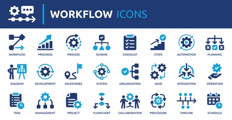 Workflow icon set. Containing process, planning, progress, scheme, management, diagram, flowchart and more. Solid vector icons collection.
