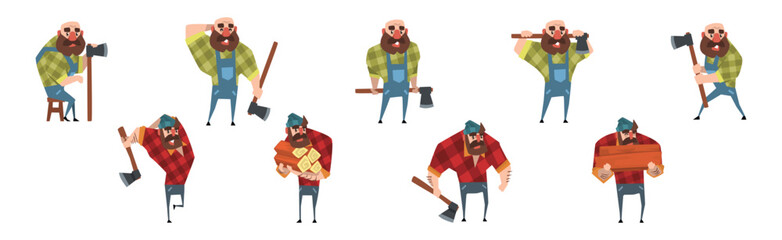 Man Lumberjack Character with Axe Chopping Wood Vector Set