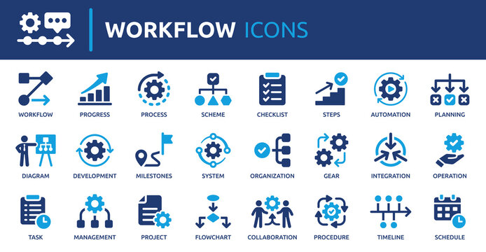 Workflow icon set. Containing process, planning, progress, scheme, management, diagram, flowchart and more. Solid vector icons collection.
