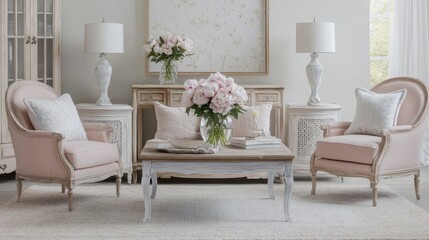 Elegant pastel living room with floral arrangement and soft furnishings