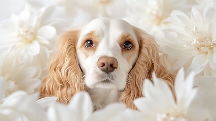 Adorable Dog Surrounded by White Flowers with Soft Focus, Capturing a Sweet and Serene Atmosphere in a Light and Airy Design