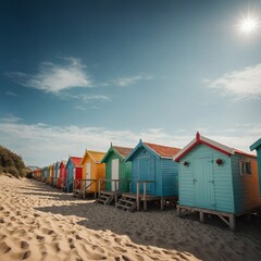 Naklejka premium Depict a row of colorful beach huts under a bright summer sky.
