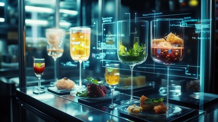 Modern Restaurant Display with Gourmet Dishes and Bright Beverages