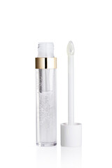 Opened Tube of transparent liquid lipstick gloss with applicator isolated on white background
