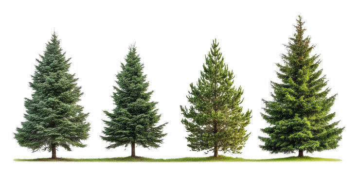 evergreen trees assortment on transparent background, nature diversity concept