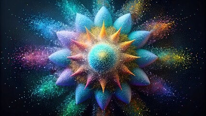 Obraz premium Colorful abstract artwork featuring a mandala design with vibrant powder explosion effect, with grain noise effect, the concept of a bright holiday
