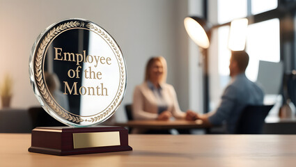 Employee of the Month award in focus with two colleagues discussing in background
