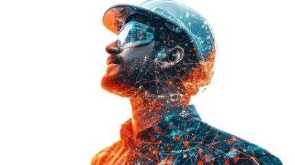 Visionary Architect: A double exposure portrait of a construction worker, his face overlaid with a cityscape.