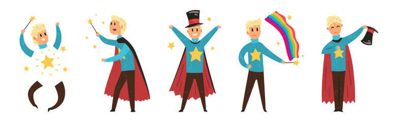 Man Magician Character Show Trick and Magic Vector Set