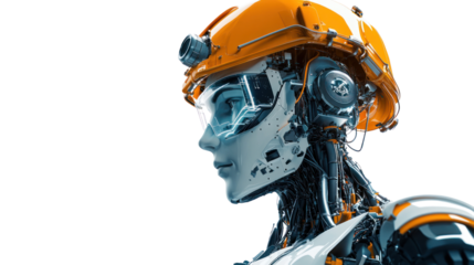 Cyborg Worker: A futuristic portrait of a cyborg worker, showcasing the seamless integration of technology and human form.  The image evokes a sense of progress, innovation.