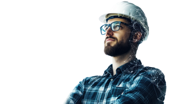 Visionary Engineer: A portrait of a confident construction worker, his hard hat and glasses reflecting determination.  The man is looking up, lost in thought.