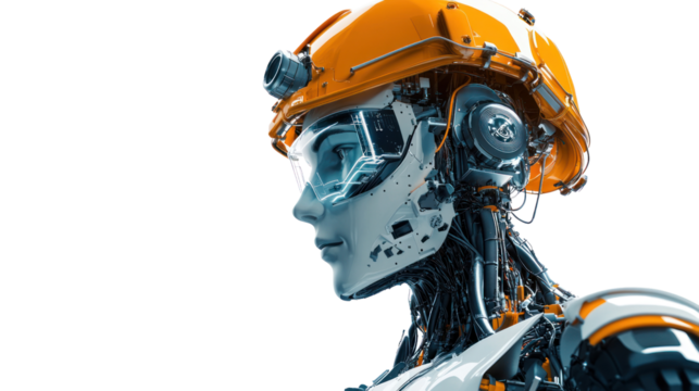 Cyborg Worker: A futuristic portrait of a cyborg worker, showcasing the seamless integration of technology and human form.  The image evokes a sense of progress, innovation.