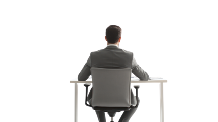 Strategic Vision: Businessman at Desk, Rear View 