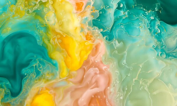 M&eacute;lange de couleurs liquides turquoise, jaune, p&ecirc;che et blanc dans une texture abstraite fluide, marbrure color&eacute;e en mouvement, fond artistique, effet d&rsquo;encre, vague pigment&eacute;e et mati&egrave;re brillante
