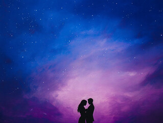 Fototapeta premium couple sharing romantic moment under starry sky, silhouetted against vibrant purple and blue background, evokes feelings of love and connection