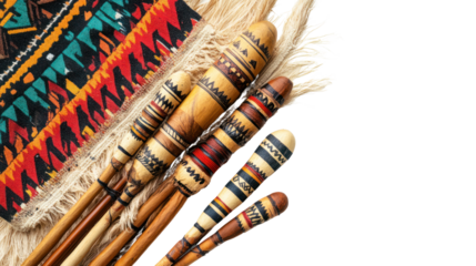 Native American Craftsmanship: A close-up of intricately carved wooden sticks, adorned with vibrant geometric patterns, showcases the artistry of indigenous cultures.