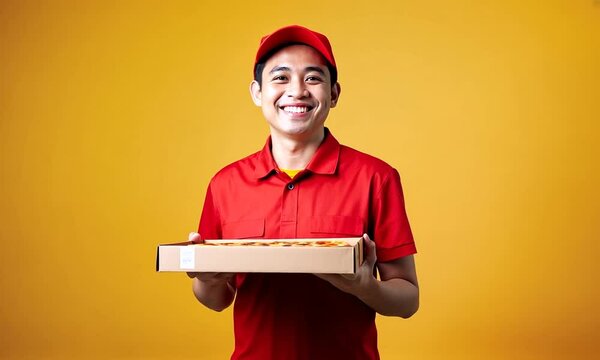 Livreur souriant en polo rouge et casquette rouge tenant une bo&icirc;te &agrave; pizza sur fond jaune, portrait de restauration rapide, service de livraison, repas &agrave; emporter et commande