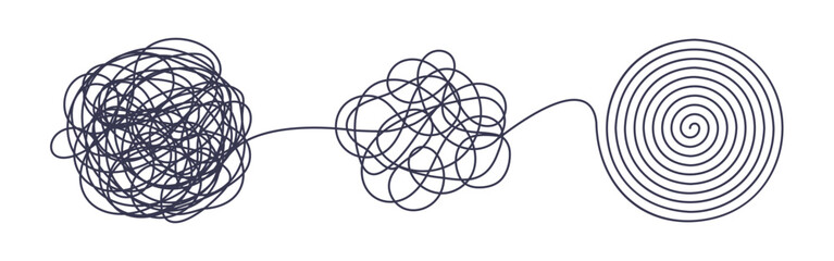 Chaos and order business concept flat style design vector illustration isolated on white background. Tangled disorder turns into spiral order line, find solution. Coaching, mentoring or psychotherapy.