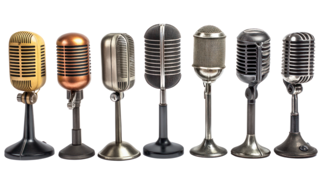 Vintage Microphone Collection: A row of classic microphones, each with its unique design and vintage aesthetic.  These iconic instruments capture the essence of a bygone era.