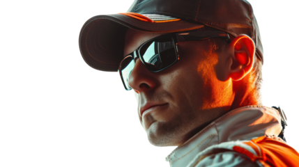 Racer's Intensity: Close-up portrait of a focused race car driver, wearing sunglasses and a cap, exuding determination and concentration.  The dramatic lighting emphasizes his serious expression. 