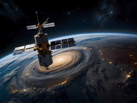 Weltraumstation in N&auml;he einer spiralf&ouml;rmigen Galaxie &uuml;ber der Erde bei Nacht