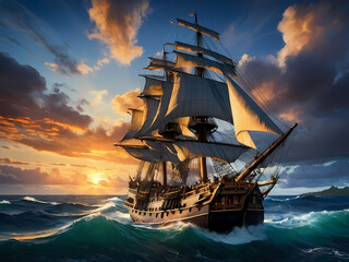 Fototapeta premium Historisches Segelschiff fährt majestätisch durch die Wellen bei Sonnenuntergang