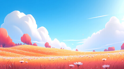 sunny cartoon landscape a whimsical field of flowers in vibrant colors