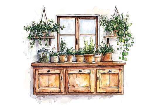 recommend clip art: Vintage furniture concept illustration. Beautiful antique kitchen closet with kitchen supplies feminine design. Victorian furniture clipart.
                    