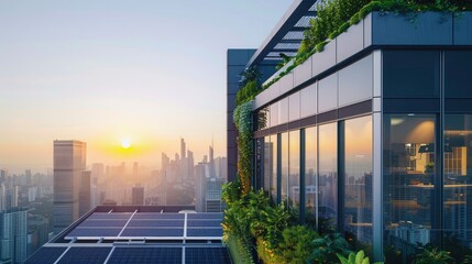  A modern office building with a rooftop garden and solar panels