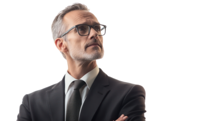 Strategic Visionary: Portrait of a pensive businessman, arms crossed, gazing thoughtfully into the distance.  His expression conveys intelligence, ambition, and strategic thinking.